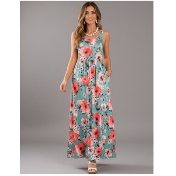 Blue Boho Floral Print Hidden Pocket Dress - Picture 2 of 8